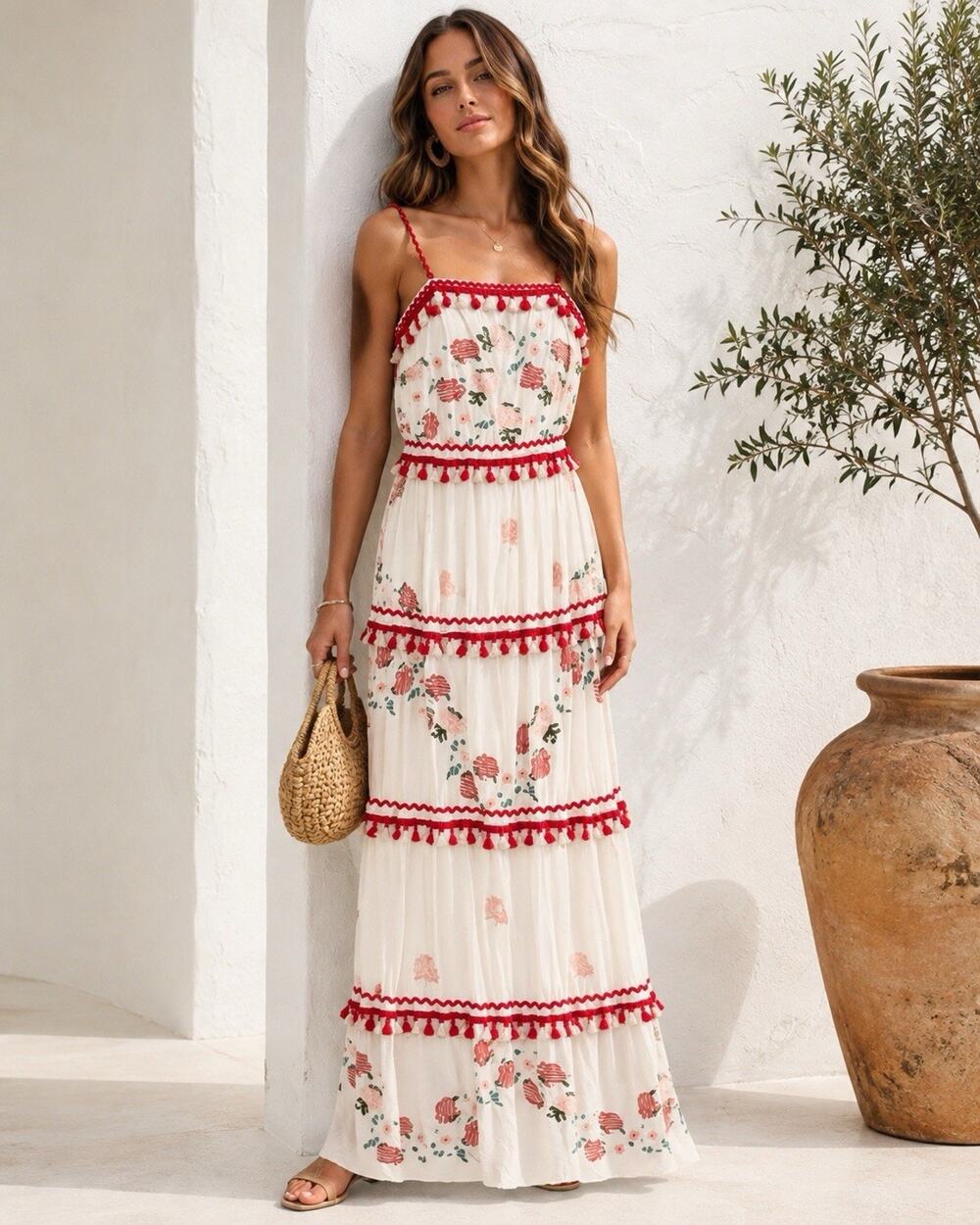 l'atiste By Amy Maxi Dress Boho Tiered Tassel Romantic Artisan-inspired Sz Small